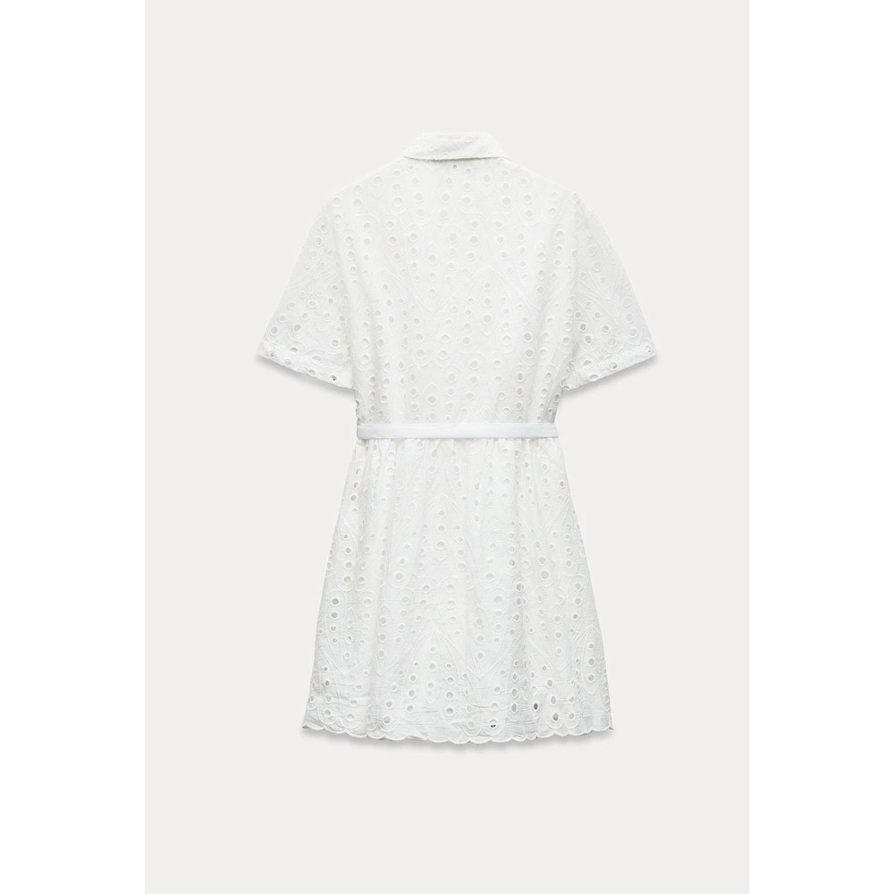 Zara Eyelet Shirt Dress medium White New Belted Scalloped Mini Embroidery - Picture 2 of 16